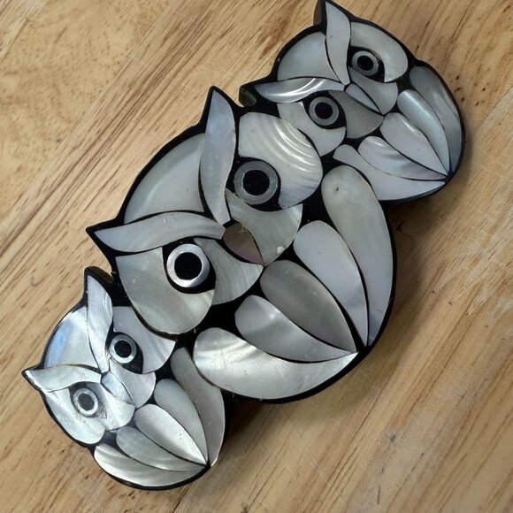 Vintage Lee Sands Owl Barrette Mother-Of-Pearl Inlay Hair Clip 1970s/1980s Handm - Picture 1 of 9